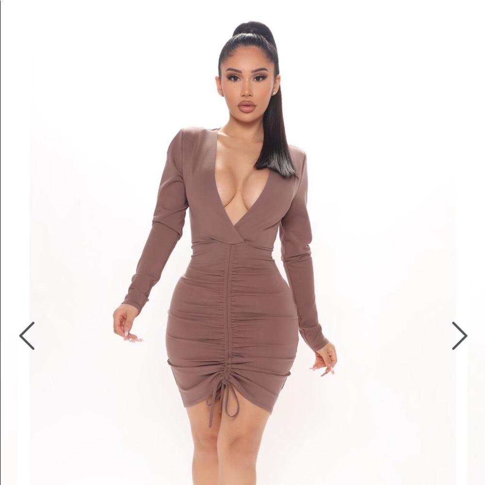 Fashion Nova Brinley Ruched Mini Dress in Mocha!